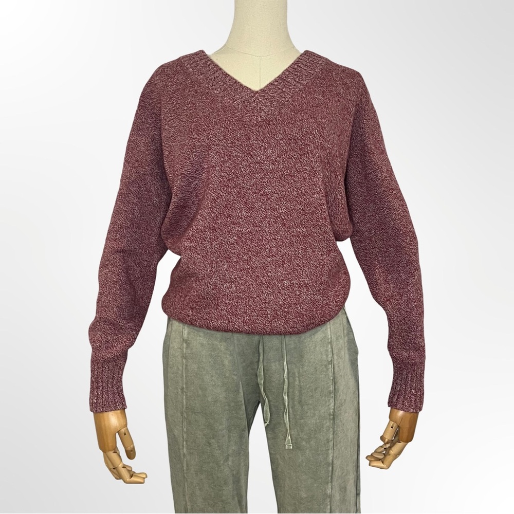 ATHLETA Vital V-Neck Tunic‎ Wool Cashmere Sweater Maroon White Marl